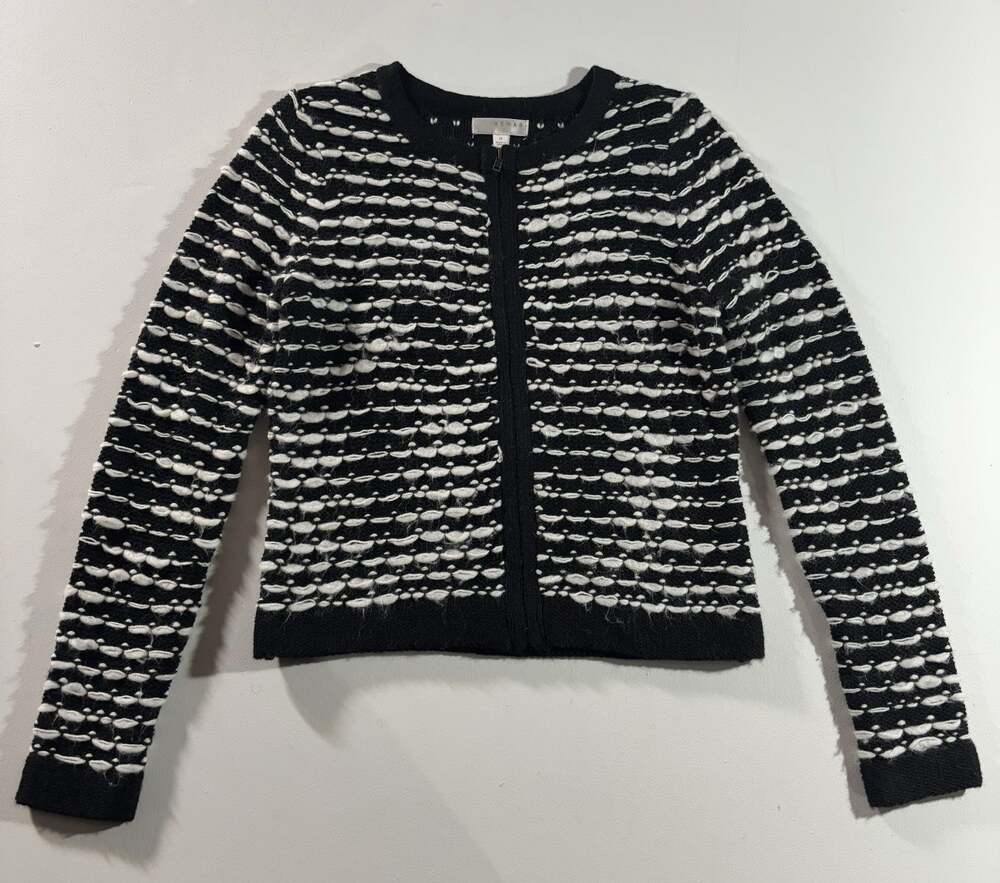 Kenar Women's Black White Chunky Knit Zip Front Cardigan Wool Blend Chic Medium